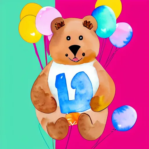 Image similar to watercolor cute animated baby bear holding birthday balloons with colorful dots, white background,