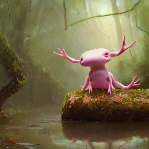 Image similar to Cute marshmallow axolotl crawling from a cacao swamp, salamander, candy world, oil painting, by Greg Rutkowski