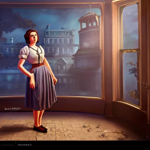 Image similar to elizbeth from bioshock infinite detailed portrait digital painting of elizbeth from bioshock infinite, mansion interior in the background, unreal engine, hyper realism, realistic shading, cinematic composition, blender render, octane render, hdr, detailed textures, photorealistic, 3 5 mm film