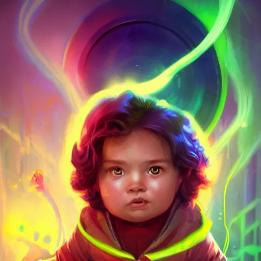 Image similar to a stylized portrait of a powerful baby with wavy brown hair and green eyes as an angry scientist, stylized, arcane magic, blue and purple vapor, neon color, vivid color, lens flare, volumetric light from below, background by justin gerard, hyperdetailed concept art by Ross Tran and Greg Rutkowski, high quality DnD illustration, trending on ArtStationHQ, 8k