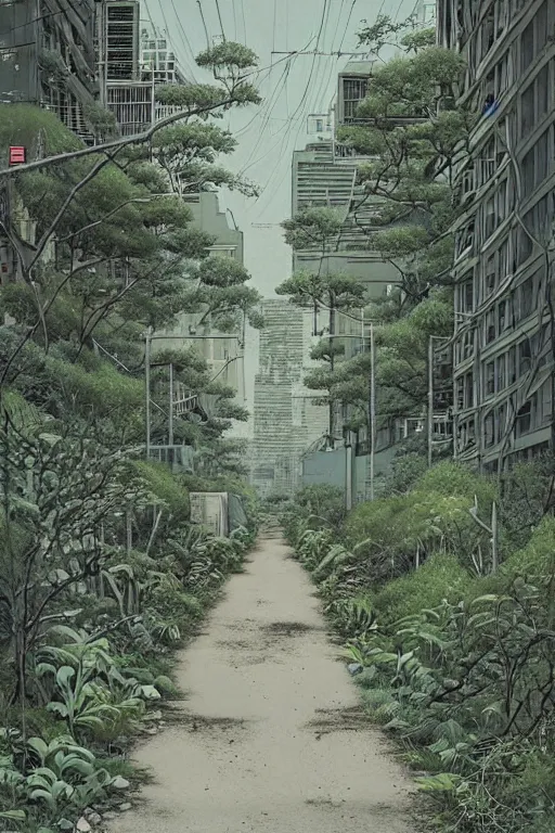 Image similar to (((((an abandoned city street, overgrown with plants and trees))))) by Tokyo Genso!!!!!!!!!!!!!!!!!!!!!!!!!!!