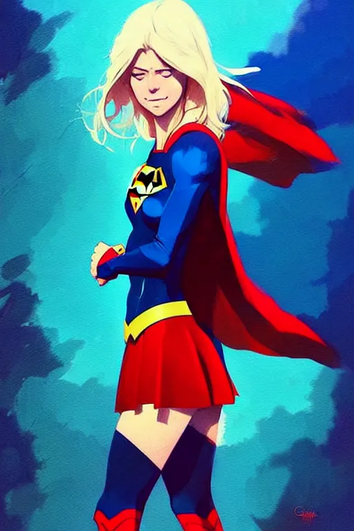 Image similar to a ultradetailed painting of supergirl by conrad roset, greg rutkowski and makoto shinkai trending on artstation