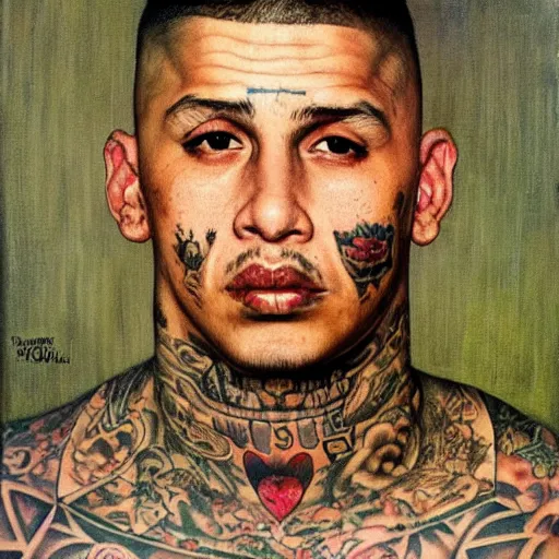Image similar to A Frontal portrait of a heavily tattooed MS-13 gang member as a prisoner awaiting sentancing. A painting by Norman Rockwell.