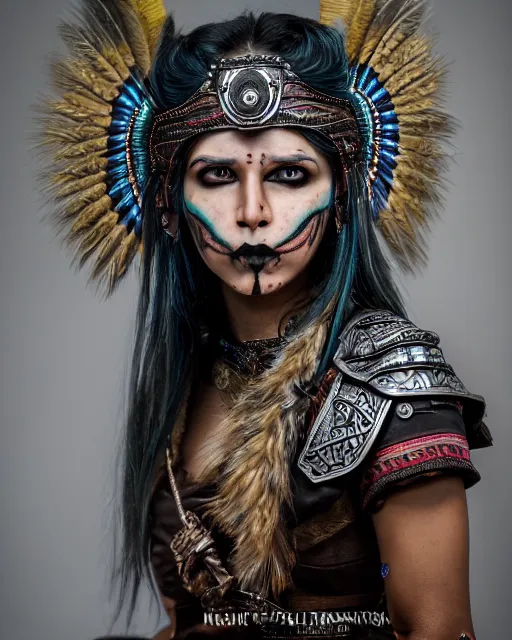 Prompt: photorealistic headshot of beautiful female ornate fantasy viking indian tribal aztec warrior, angry, black skull warpaint, Neil Blevins, James Paick, Natasha Tan Maciej Kuciara, Frank frazetta, arney freytag, Ritu Kumar, Sabyasachi Mukherjee, Magic the gathering, octane, bokeh, 8k, fashion pose, cinematic, 28mm