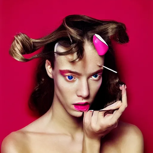 Prompt: a studio close - up portrait of a beautiful fashion model curls her hair. surreal photograph, lo - fi, polished look, silly and serious, hermes ad, fashion photography, toiletpaper magazine, 3 5 mm photograph, colourful, by pierpaolo ferrari, maurizio cattelan