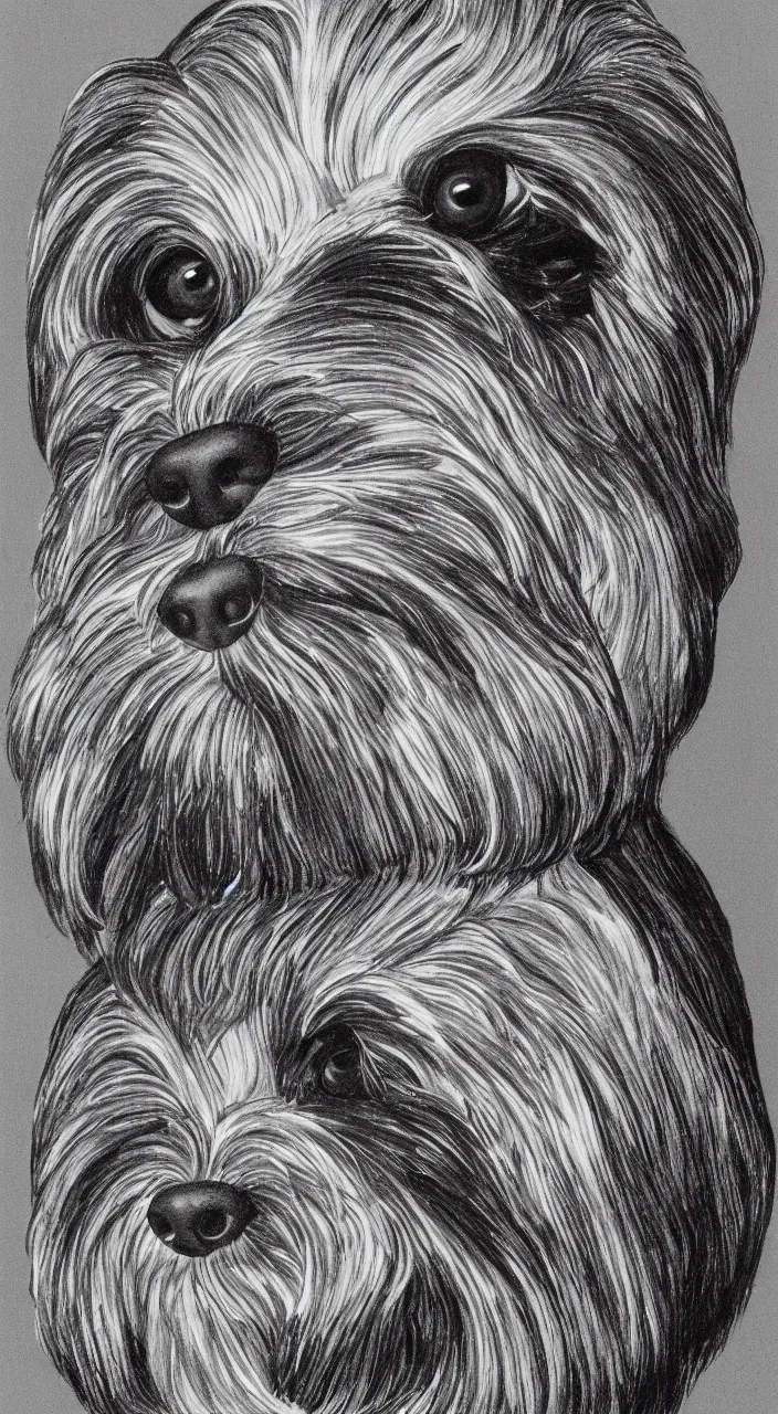 Image similar to self - portrait of a havanese dog reflected in a chrome sphere, by m c escher pen and paper