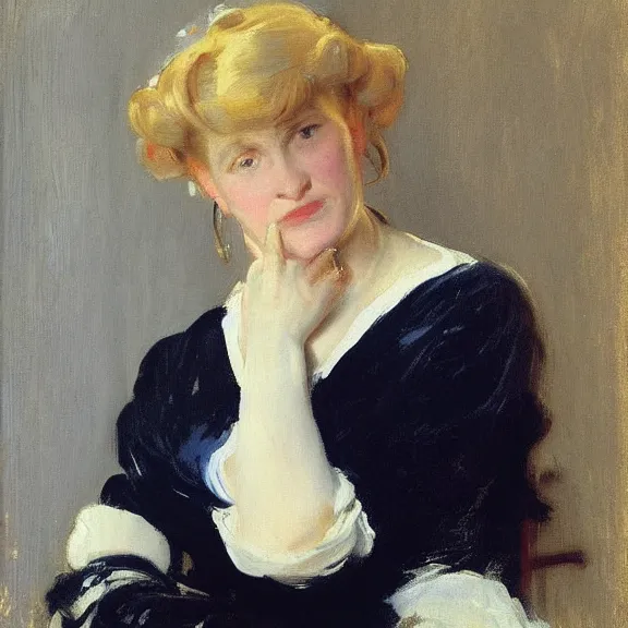 Image similar to portrait of a middle aged maid with blonde hair, by sargent, 1880