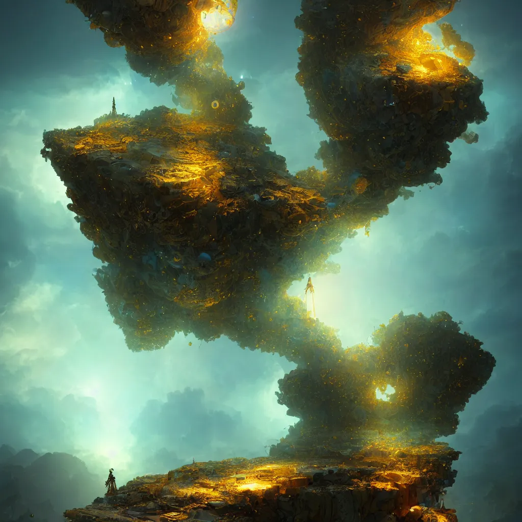 Prompt: within the whole and finite capsule apparent with awe the apparition a flower, an idea seep's into infinity highly detailed in volumetric void of latent space, golden turquoise steampunk, axonometric high contrast cinematic light, mystical shadows, sharp focus, divine realm of gods, octane render, artist by greg rutkowski,