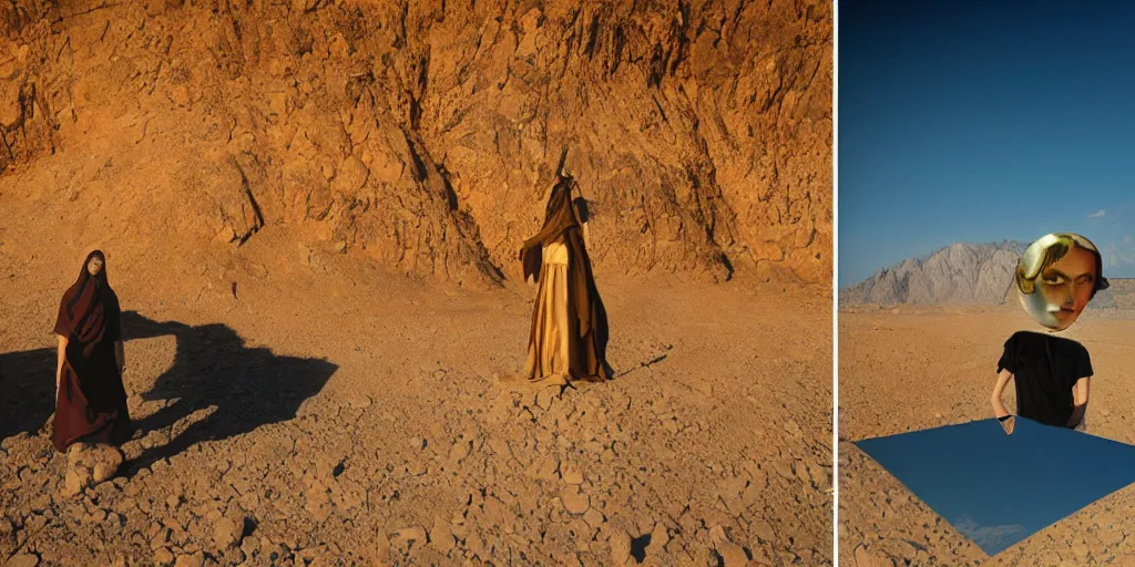 Image similar to levitating woman with full - face golden mask in a dry rocky desert landscape, visible sky and sunny atmosphere, fata morgana and giant mirrors by alejandro jodorowsky, anamorphic lens, kodakchrome, practical effects, masterpiece, 8 k