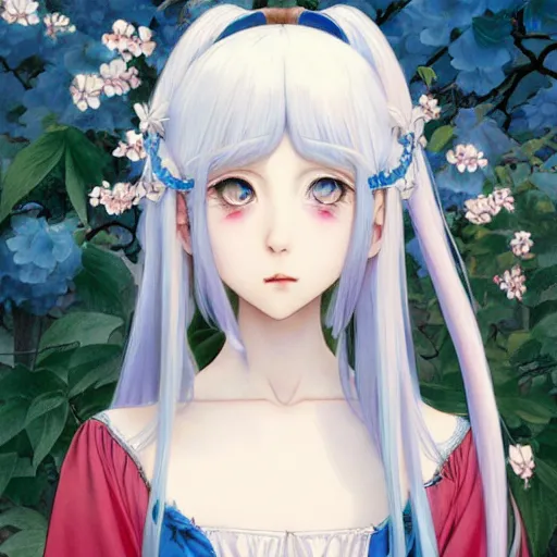 Image similar to an adult girl with long blue hair and blue eyes, a small pigtail on the left side, white fur on top,, chinese blue dress, chinese style, anime style, hyper detailed, illustration, digital painting, art by artgerm and greg rutkowski and alphonse mucha, high delicate defined details, anime stylized, highly detailed, realistic, sharp focus