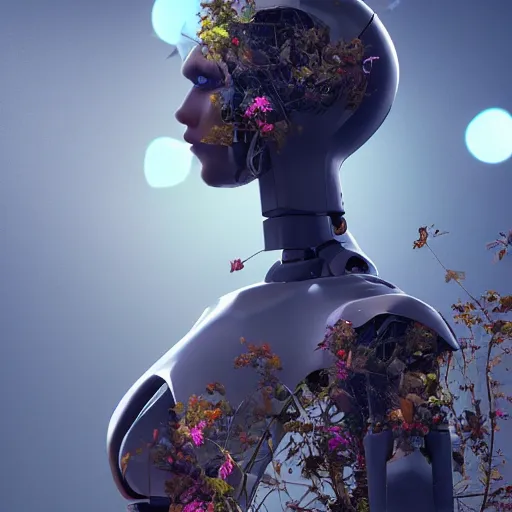 Prompt: side view of a beautiful abandoned human - shaped robot laying on the ground, overgrown foliage with flowers taking over it, close - up, 3 5 mm, biopunk, bokeh, beautiful, lens flare, emotional, detailed, picture, trending on artstation, award - winning, shiny, golden, angle view, octane render