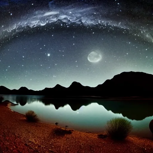 Prompt: beautiful moonlit dark starry landscape photography of an Arizona desert, lake