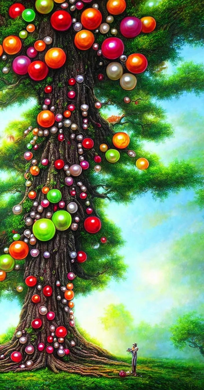 Image similar to realistic photo of big tree giving colorful pearls as fruits, sharp focus, in the style of greg rutswoski, very hyper realistic, highly detailed, fantasy art station