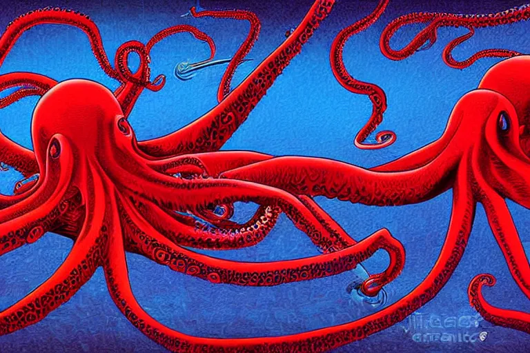 Image similar to digital art of a ominous red octopus in the deep sea alone by alex grey, (arcylic), ((synthwave)),