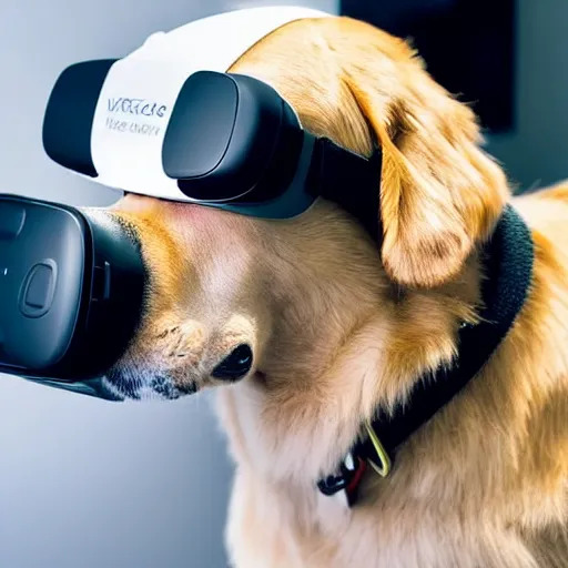 Image similar to a dog wearing a vr headset, high - res, detailed