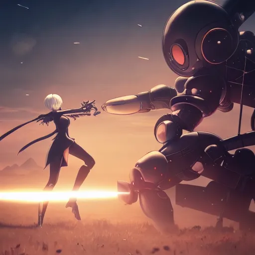 Image similar to 2 b nier automata fighting a robot, art by moebius, starry sky, gorgeous clouds, god rays, fantasy art, octane render, ureal engine, high detail, alphonse mucha, greg rutkowski, james gurney, johannes voss