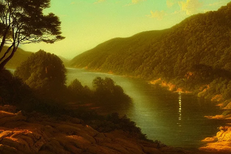 Image similar to the matrix film vista painted in style of hudson river school