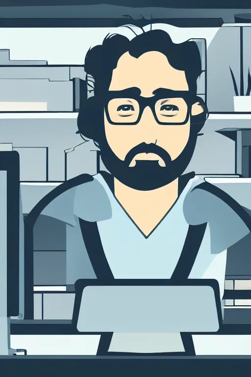 Prompt: a tired man with glasses in an office in front of a computer from distance silhouette, professional digital illustration, best of behance, trending on artstation, digital art, crepuscular ray, cinematic lighting 8 k,