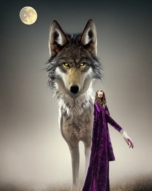 Image similar to Tall emaciated man wolf hybrid, covered in matted fur, he has yellow wolf eyes, a long bent rat like tail, long coyote like ears, and is Wearing a purple velvet cape and Top Hat, Atmospheric Full Moon, beautiful foggy Forrest, highly realistic, Rick Baker style, photoreal, photograph in the style of Annie Leibovitz, artstation