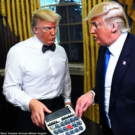 Prompt: giga chad showing donald trump how to use a calculator