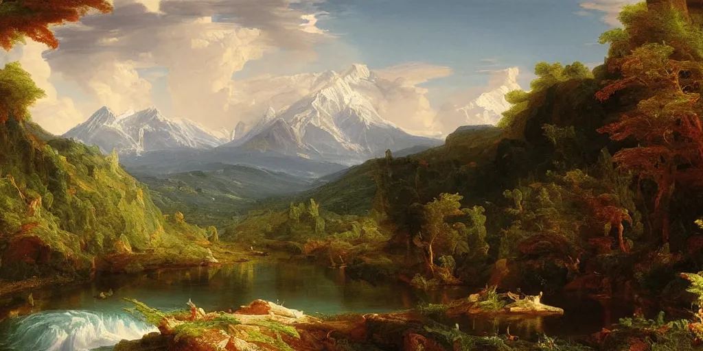 Prompt: a stunning painting of a mountain vista with a river flowing to a lake and forest, by thomas cole, oil on canvas, highly detailed, 4 k, hd