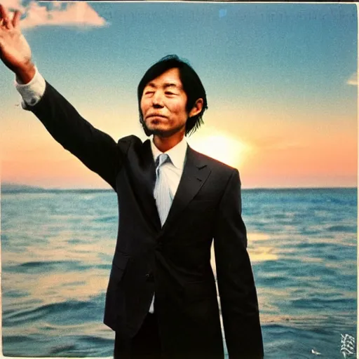 Prompt: japanese man with long hair in a suit standing in the ocean pointing!!!!!! at the camera, sunset, album cover, 1980, tatsuro yamashita