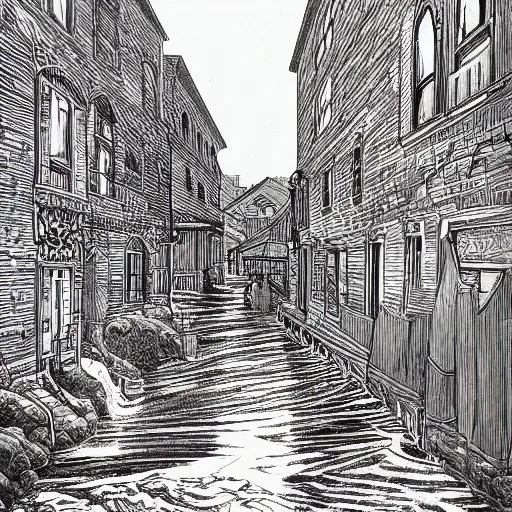 Image similar to water flowing through the streets in old city, sideview, drawing by moebius