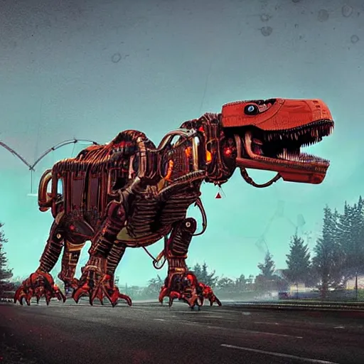 Prompt: a portrait photograph of a robot T-rex made of mechanical parts, cartoonish psychedelic paleoart rendering, realistic dinosaur cyborg in the style of simon stålenhag