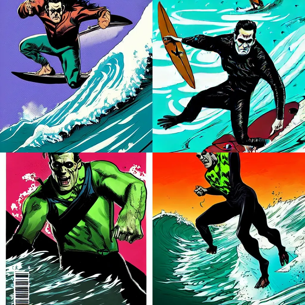 Image similar to style of Rafael Albuquerque comic art, Frankenstein wearing a Hawaiian shirt surfing big waves, fun, spooky, action surfing pose