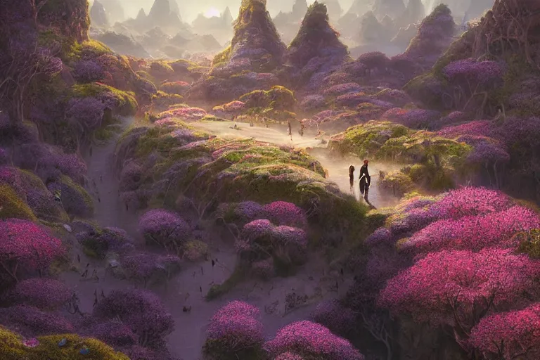 Prompt: Brutalist Shiro, fantasy landscape, Eden at Dawn, gleaming morning cinematic lighting, amazing cinematic concept painting, by Jessica Rossier, Himeji Rivendell Garden of Eden valley, wildflowers and grasses, terraced orchards and ponds, lush fertile fecund, fruit trees, birds in flight, animals wildlife, beksinski