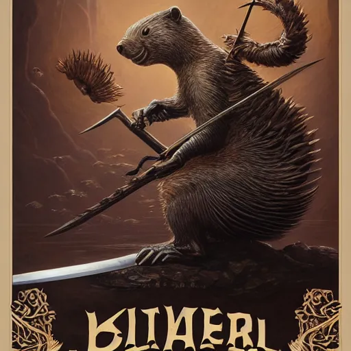 Prompt: a beautiful detailed 3d matte movie poster of a ninja beaver, by ellen jewett, by tomasz alen kopera, by Justin Gerard, ninja outfit, visible beaver tail, shiny katana sword, dollar bills, ominous, magical realism, texture, intricate, skeleton, whirling smoke, radiant colors, fantasy, volumetric lighting, high details