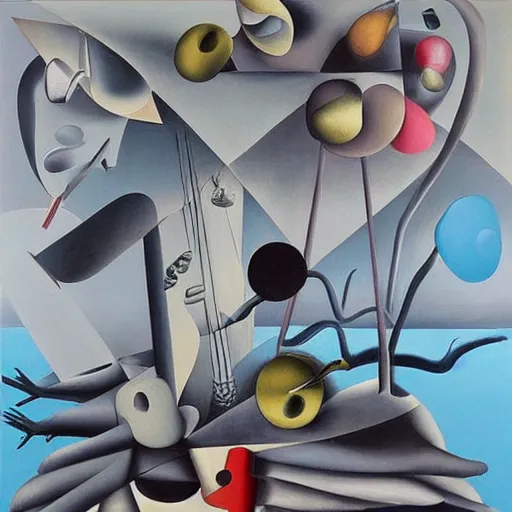 Prompt: “painterly depiction of the play Eugene Ionesco’s play ‘Naive Oculus’ by the painter Yves Tanguy”