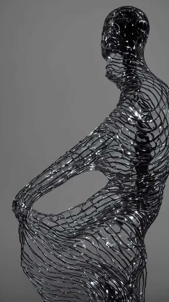 Prompt: a glass statue made of curves against a black background. no light