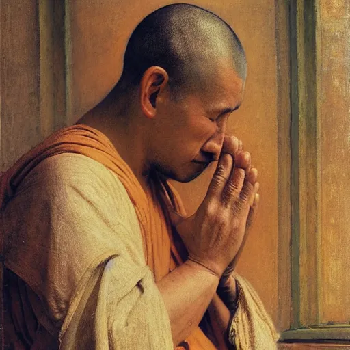 Image similar to highly detailed potrait of blind folded buddhist monk praying like jesus, painting by gaston bussiere, craig mullins, j. c. leyendecker, lights, art by ernst haeckel, john william godward, hammershøi,