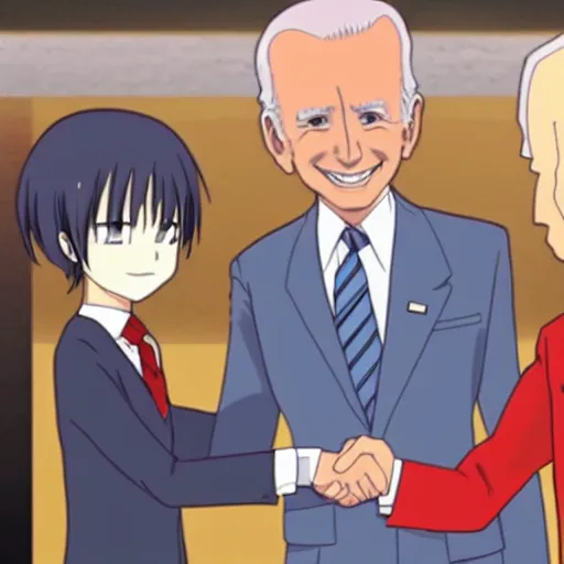 Prompt: “Joe Biden shaking hands with anime characters”
