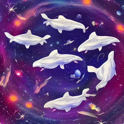 Prompt: a group of whale flying in outer space, beautiful, vibrant, 4 k, intricate details