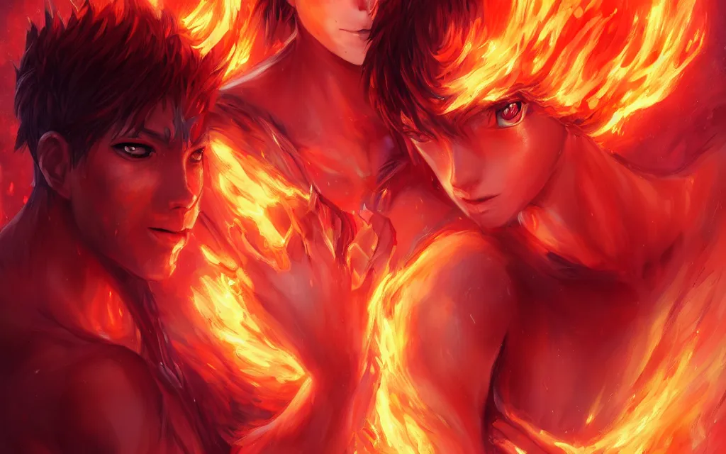 Image similar to A realistic anime portrait of a beautiful fire spirit twins with glowing red eyes and firey skin wearing clothes made of flames, digital painting, by Stanley Artgerm Lau, Sakimichan, WLOP and Rossdraws, digtial painting, trending on ArtStation, SFW version