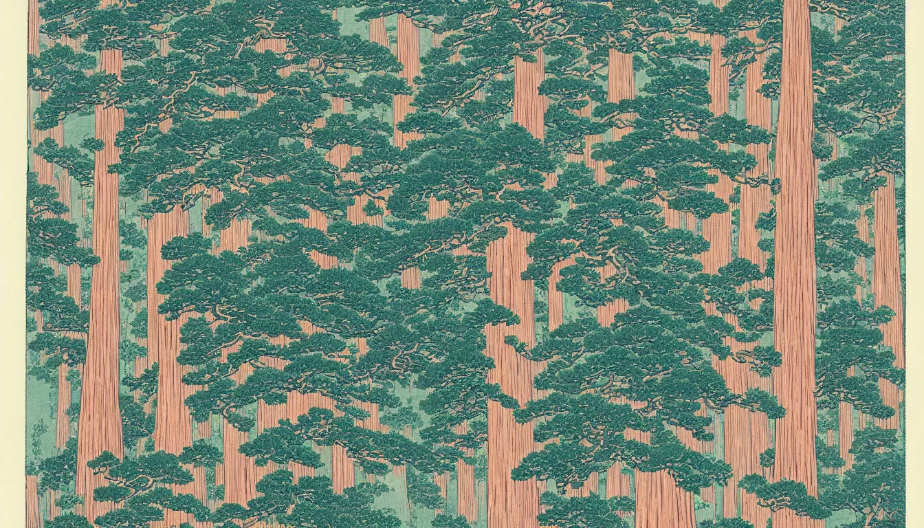 Image similar to giant redwood trees by hokusai