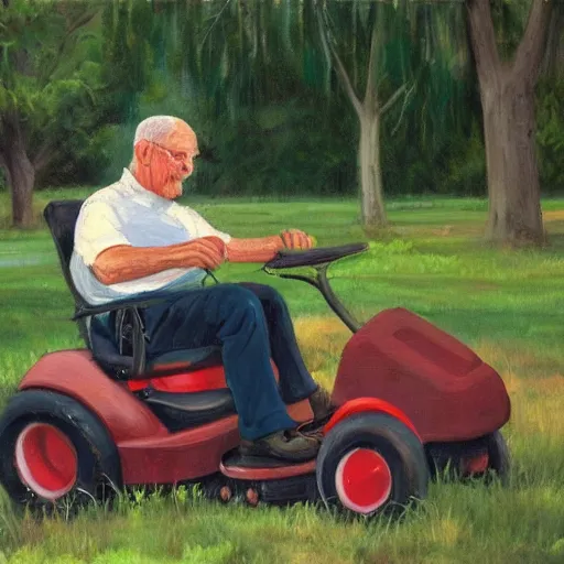 Image similar to an old man sitting on a riding lawn mower in an empty yard, oil painting, sad, perfect face