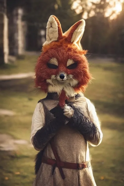 Image similar to anthropomorphic medieval fox with a fluffy tail, fursuit, cosplay, warm light, trending on instagram, photography