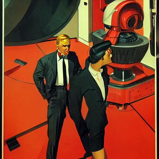 Prompt: man in futurist 6 0 ´ s lab, machines and futurist robots, red lights, leyendecker style, boris vallejo style, black suit