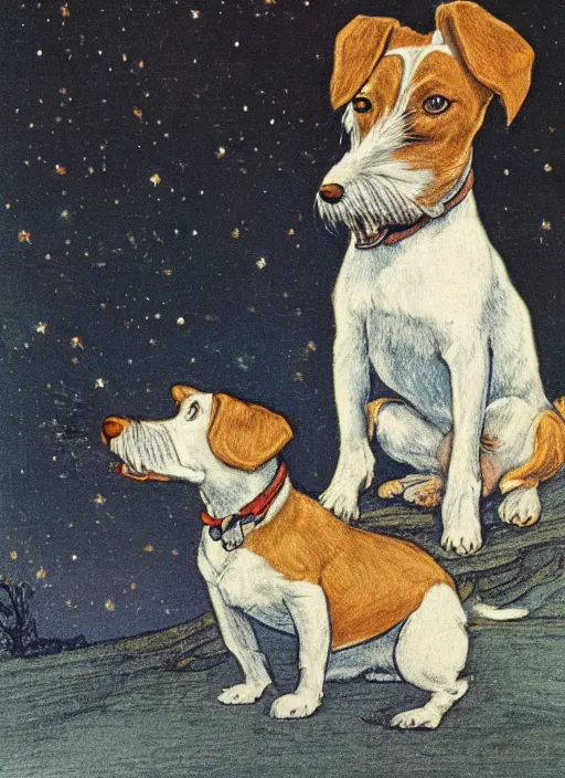 Image similar to candid portrait of jack russel dog sad mouth open, night sky, highly detailed, illustrated by peggy fortnum and beatrix potter and sir john tenniel
