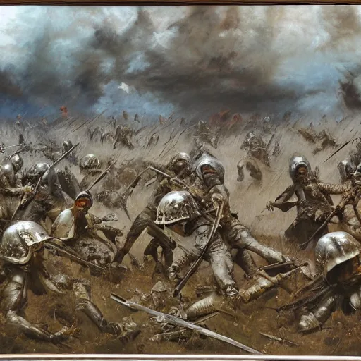 Image similar to oil painting of a ground covered in medieval silver soldier corpses, war, storm dawn, by Frank Frazetta, by Georgia O Keeffe sfumato, realistic