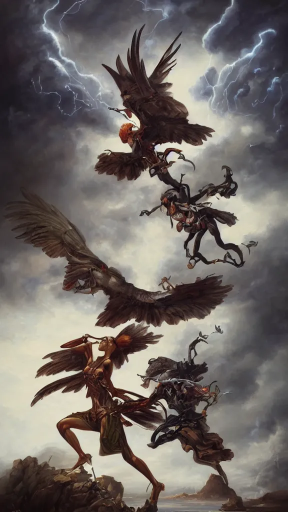 Image similar to an anatomical oil painting of a Harpy battling a knight from a medical journal by Peter Mohrbacher and Julie Bell, highly detailed, high detail, 8k, storm clouds, birds, dramatic lighting