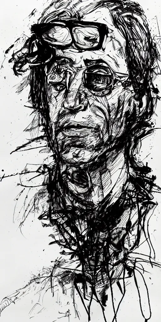 Image similar to a loose wild messy ink sketch portrait of a self portrait in the style of ralph steadman, caricature, dramatic