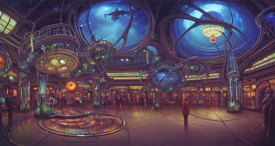 Image similar to fish eye lens a bright minimalist bioluminescent oil painting by donato giancola, warm coloured, cinematic scifi luxurious futuristic foggy steam filled victorian garden mall interior with microscopy radial windows flowers growing out of pretty bulbous ceramic fountains, gigantic pillars and flowers, maschinen krieger, beeple, star trek, star wars, ilm, atmospheric perspective