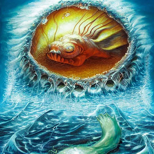 Prompt: horrifying sea demon incubating in crysalis under the ocean depths by christian riese lassen