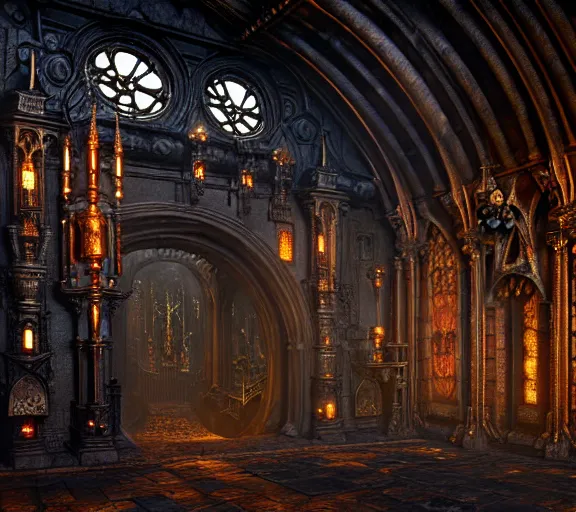 Image similar to steam necropolis, memento mori, gothic, neo - gothic, art nouveau, hyperdetailed copper patina medieval icon, stefan morrell, philippe druillet, ralph mcquarrie, concept art, steampunk, unreal engine, detailed intricate environment, octane render, moody atmospherics, volumetric lighting, ultrasharp, ominous, otherworldly