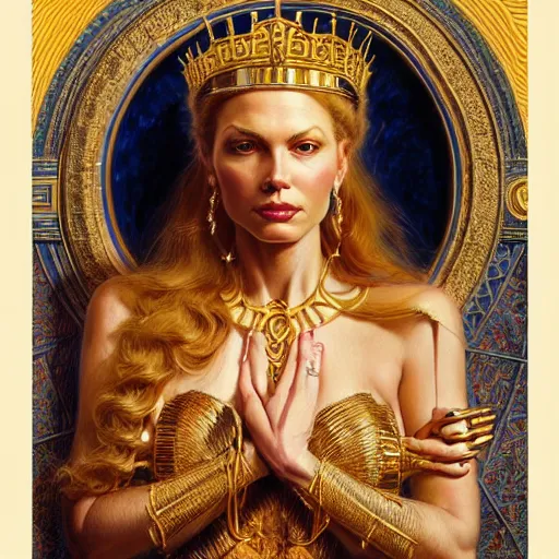 Image similar to highly detailed portrait of a majestic lioness queen in the form of a beautiful woman. d & d. art by donato giancola, jon whitcomb, ruan jia, alberto vargas. trending on artstation, intricate details, energetic composition, golden ratio, concept art, illustration, elegant art, global illuminaition