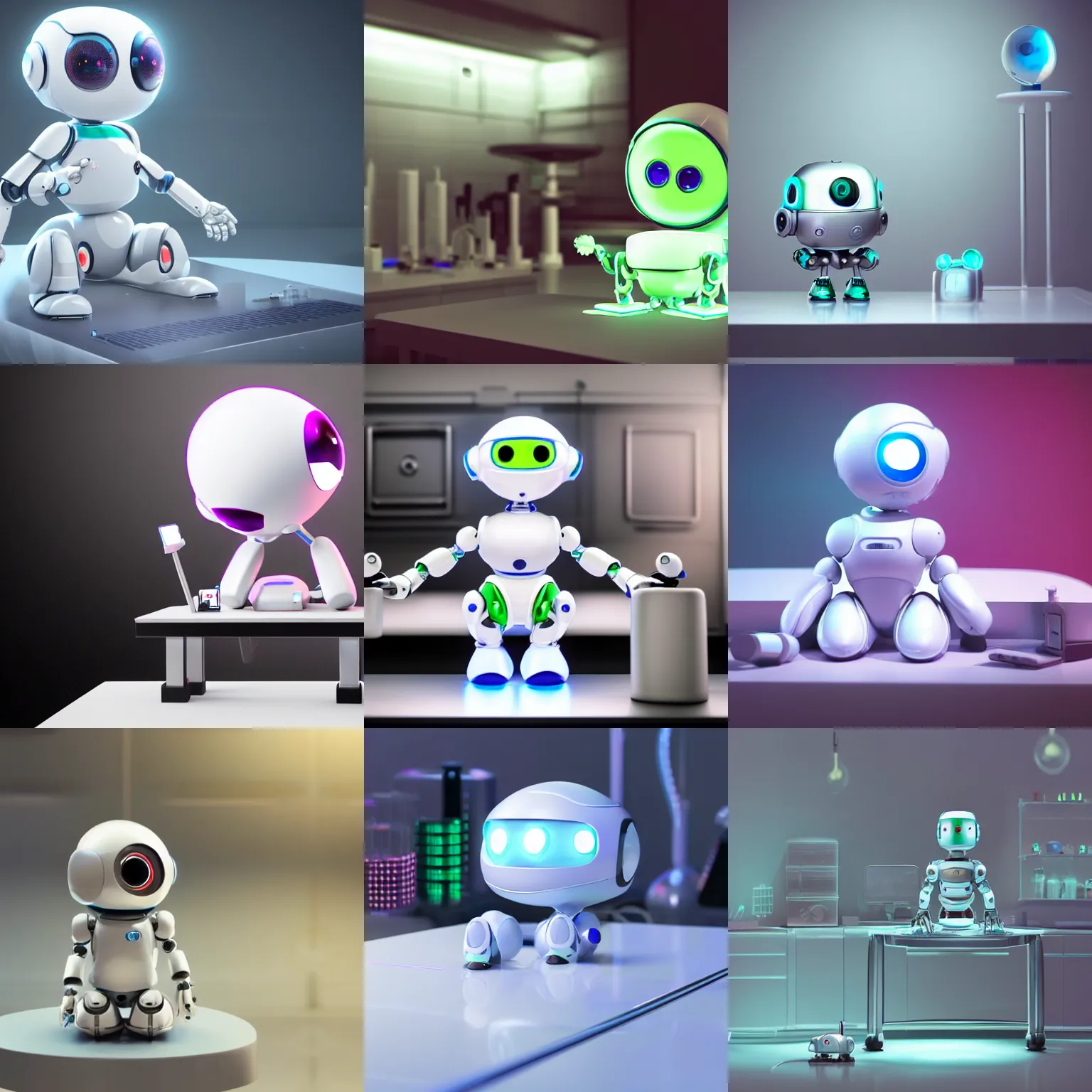 Prompt: a cute rounded tiny robot, made out of shiny white metal, standing on a lab table surrounded by lab tools, sitting down, 3 d hyper realistic render, white neon lighting, pixar style, futuristic, science fiction, high angle shot, macro, technological